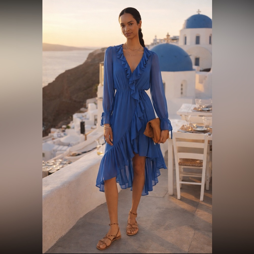 Anthropologie NWT Long-Sleeve Ruffled Asymmetric Midi Dress size XXS.